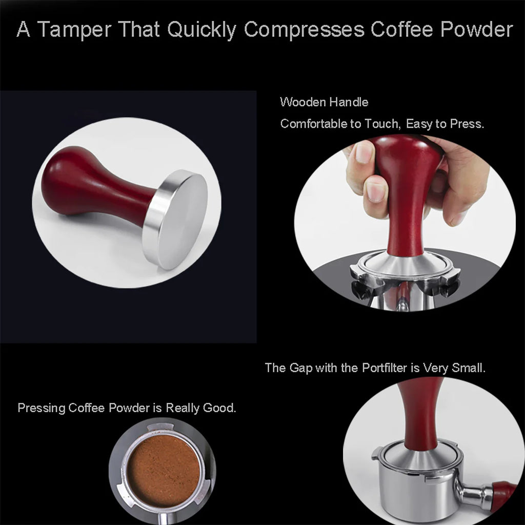 Tamper Espresso à Manche Bois – Base Plate 51/53/58 mm