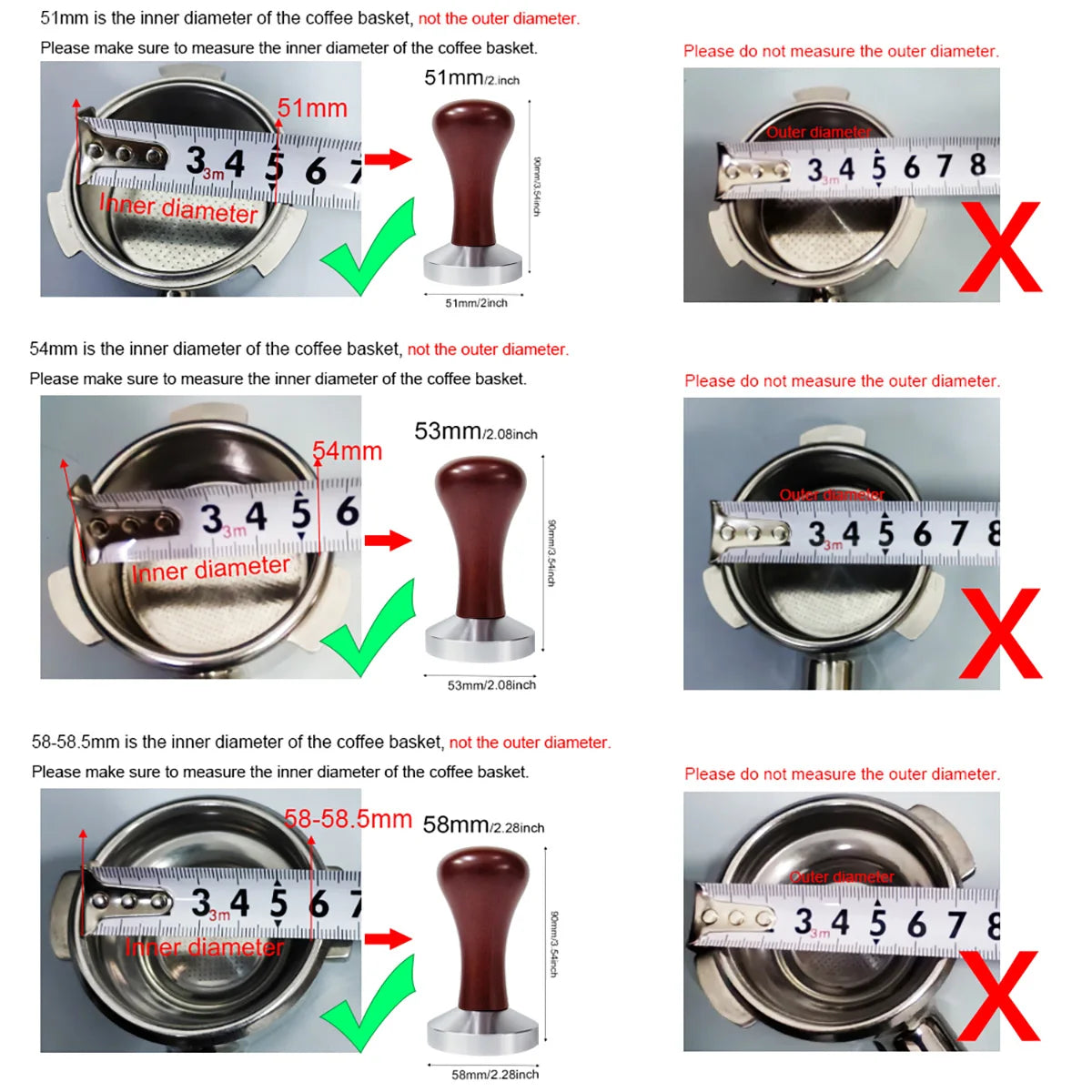 Tamper Espresso à Manche Bois – Base Plate 51/53/58 mm
