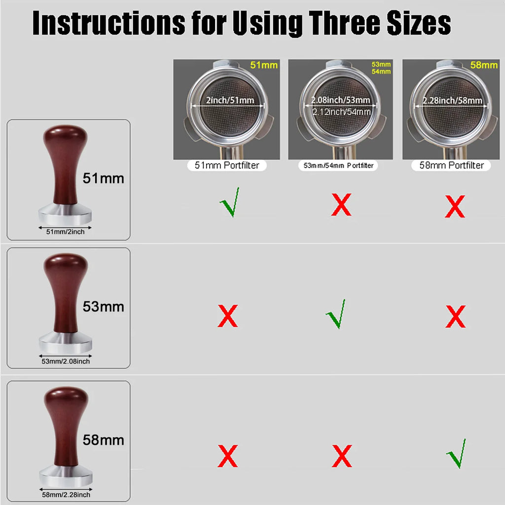 Tamper Espresso à Manche Bois – Base Plate 51/53/58 mm