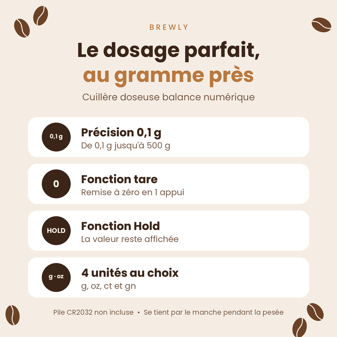 Cuillère doseuse balance Brewly : précision 0,1 g, fonction tare, fonction Hold, 4 unités