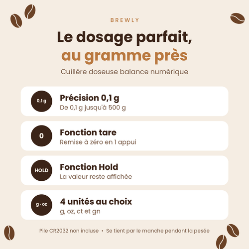 Cuillère doseuse balance Brewly : précision 0,1 g, fonction tare, fonction Hold, 4 unités